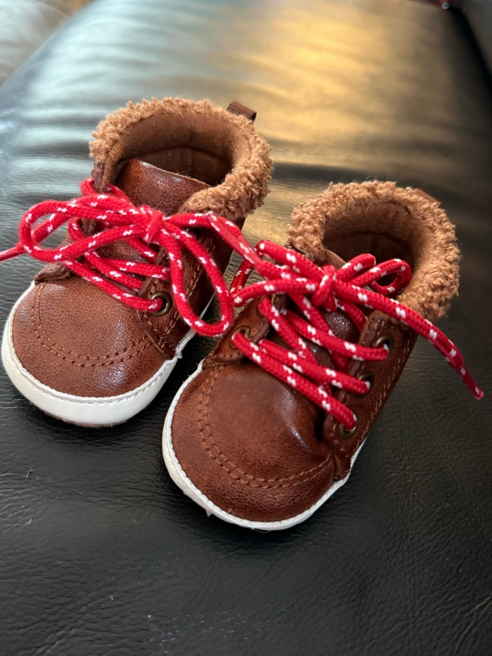 Infant Brown Faux-Leather Winter Boots with Red Laces